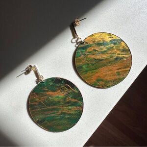Hand-Painted Green and Gold Leather Statement Earrings